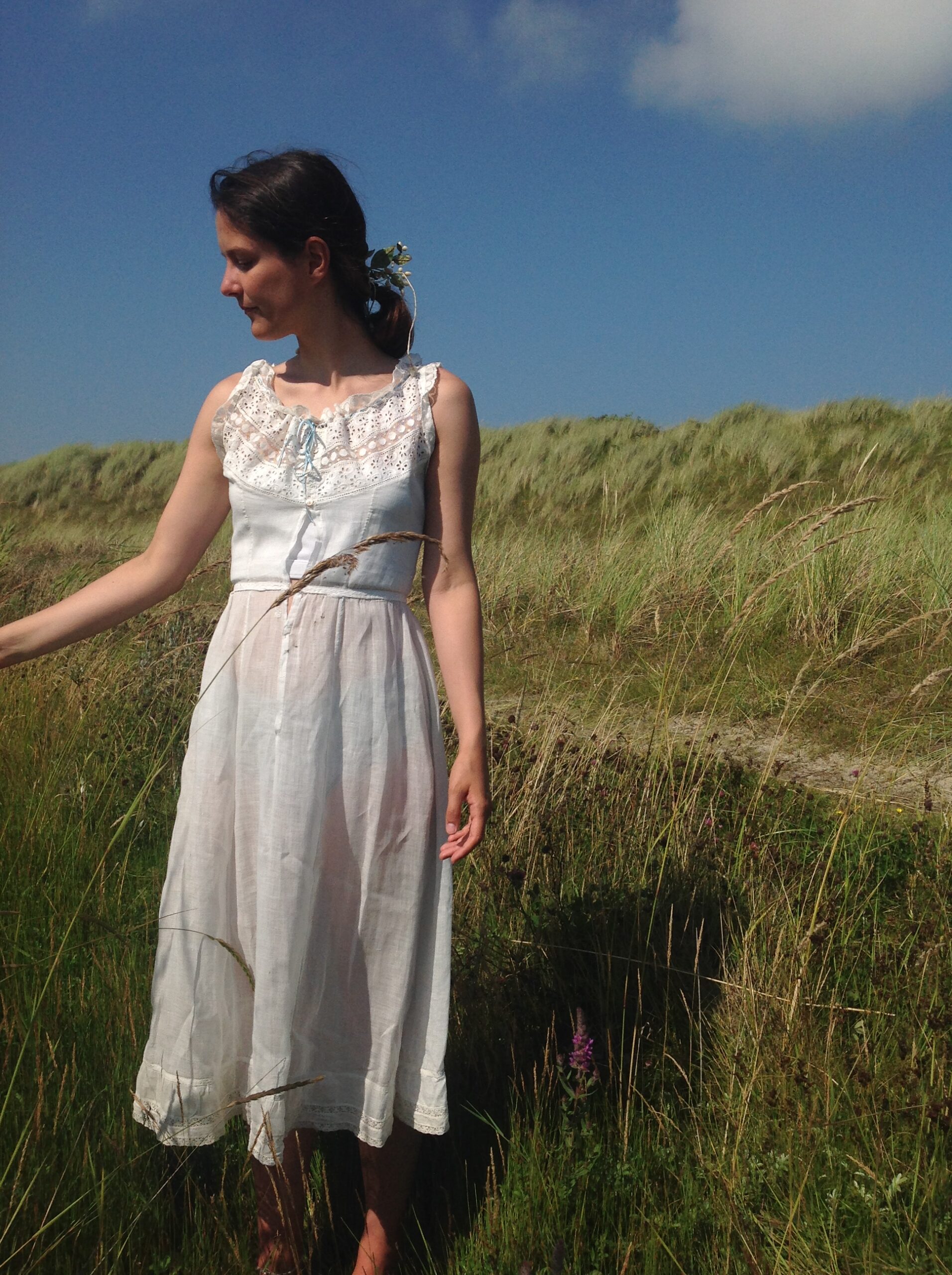 Old Cotton and Lace Underdress with Blue Ribbon - Image 2