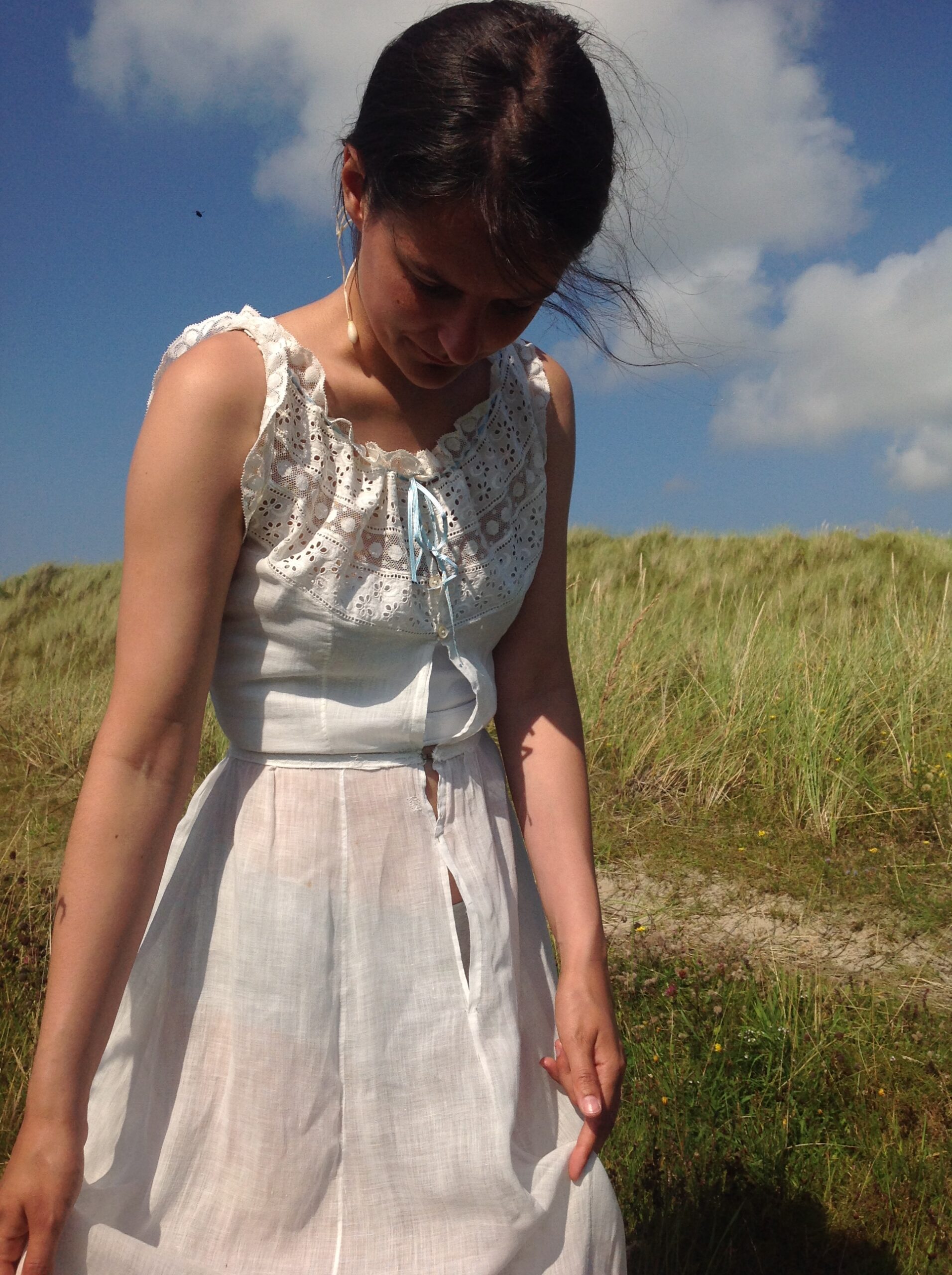 Old Cotton and Lace Underdress with Blue Ribbon - Image 4