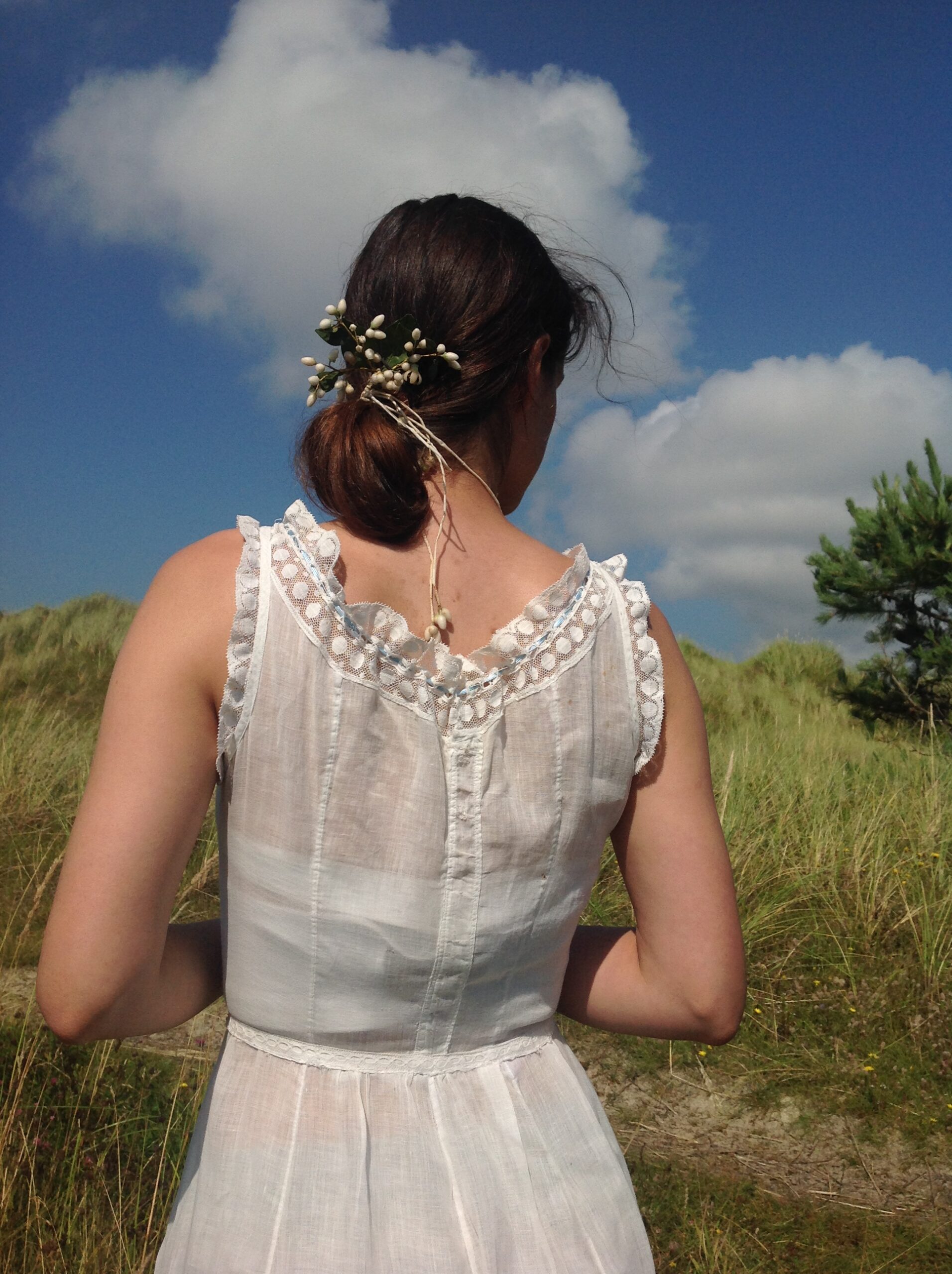 Old Cotton and Lace Underdress with Blue Ribbon - Image 5