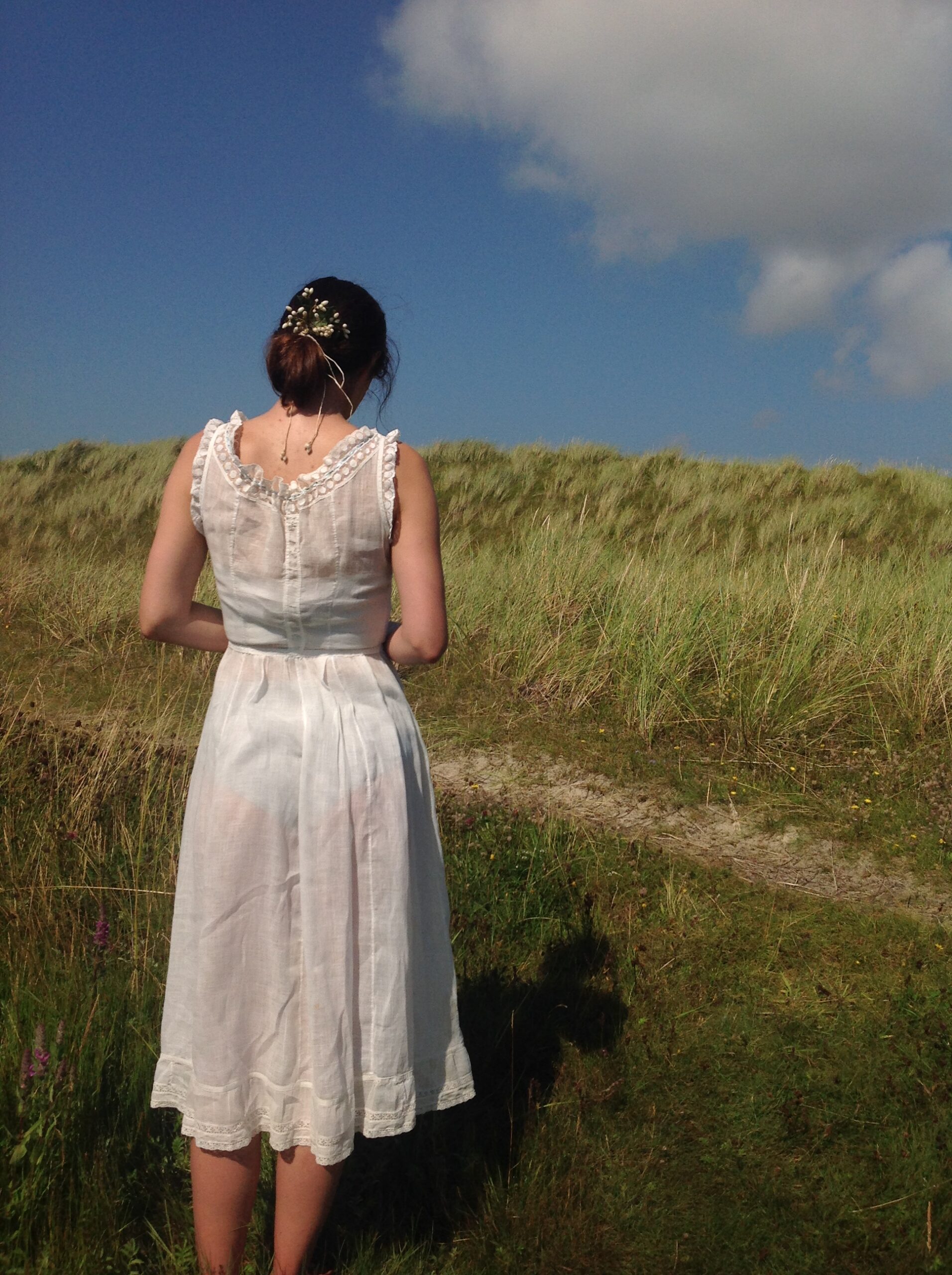 Old Cotton and Lace Underdress with Blue Ribbon - Image 6