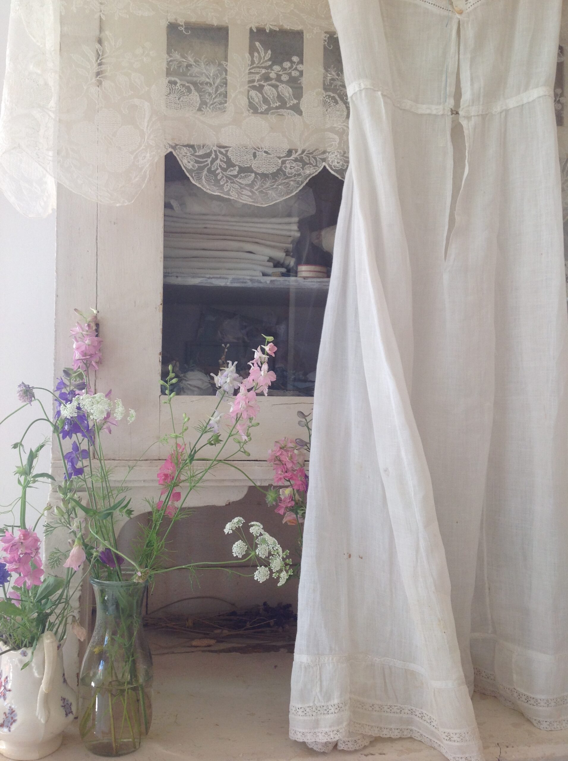 Old Cotton and Lace Underdress with Blue Ribbon - Image 9