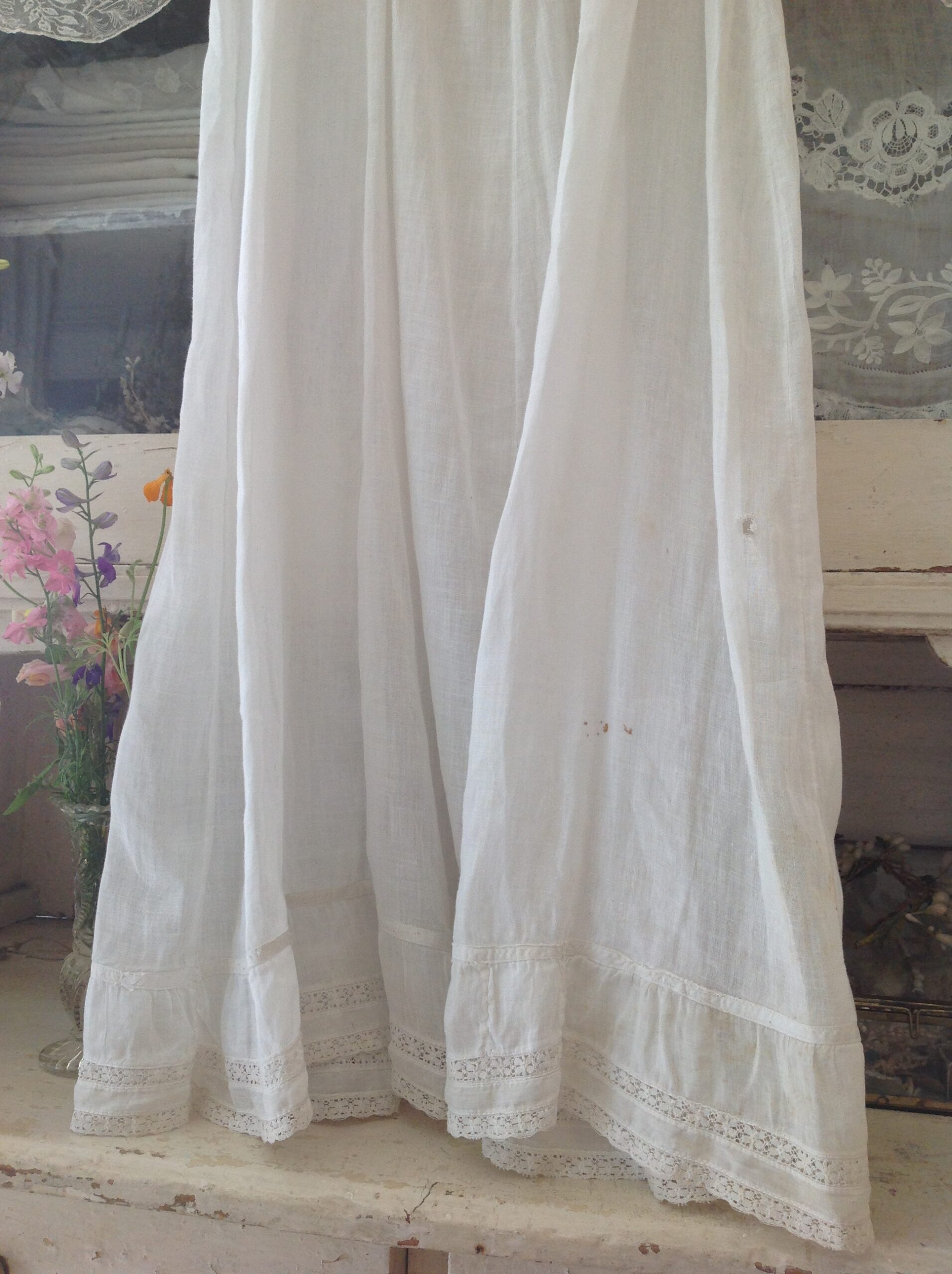Old Cotton and Lace Underdress with Blue Ribbon - Image 10