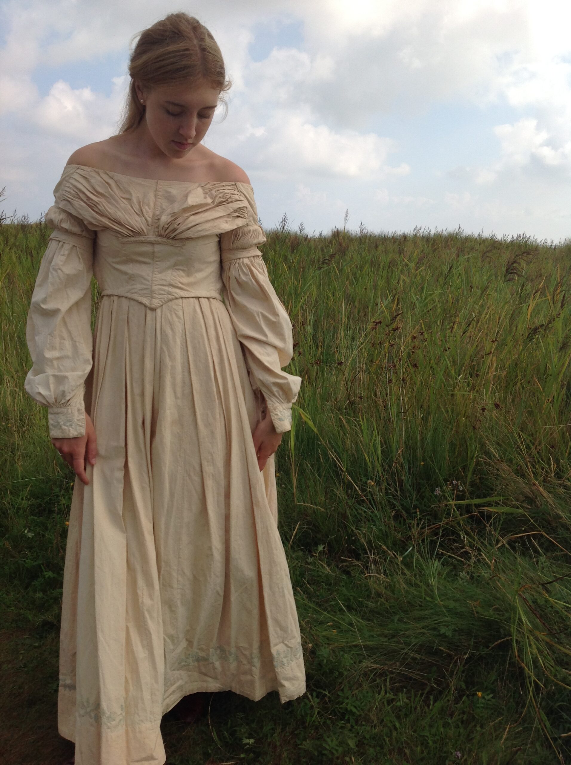 1800s Antique Linen Dress with Mint Blue Embroidery Work