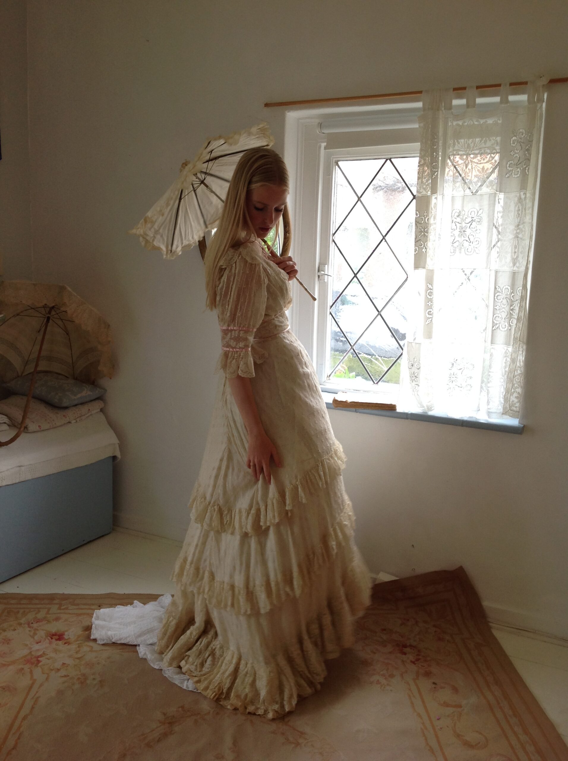 1890s Antique Wedding Dress with Pink Ribbons - Image 4