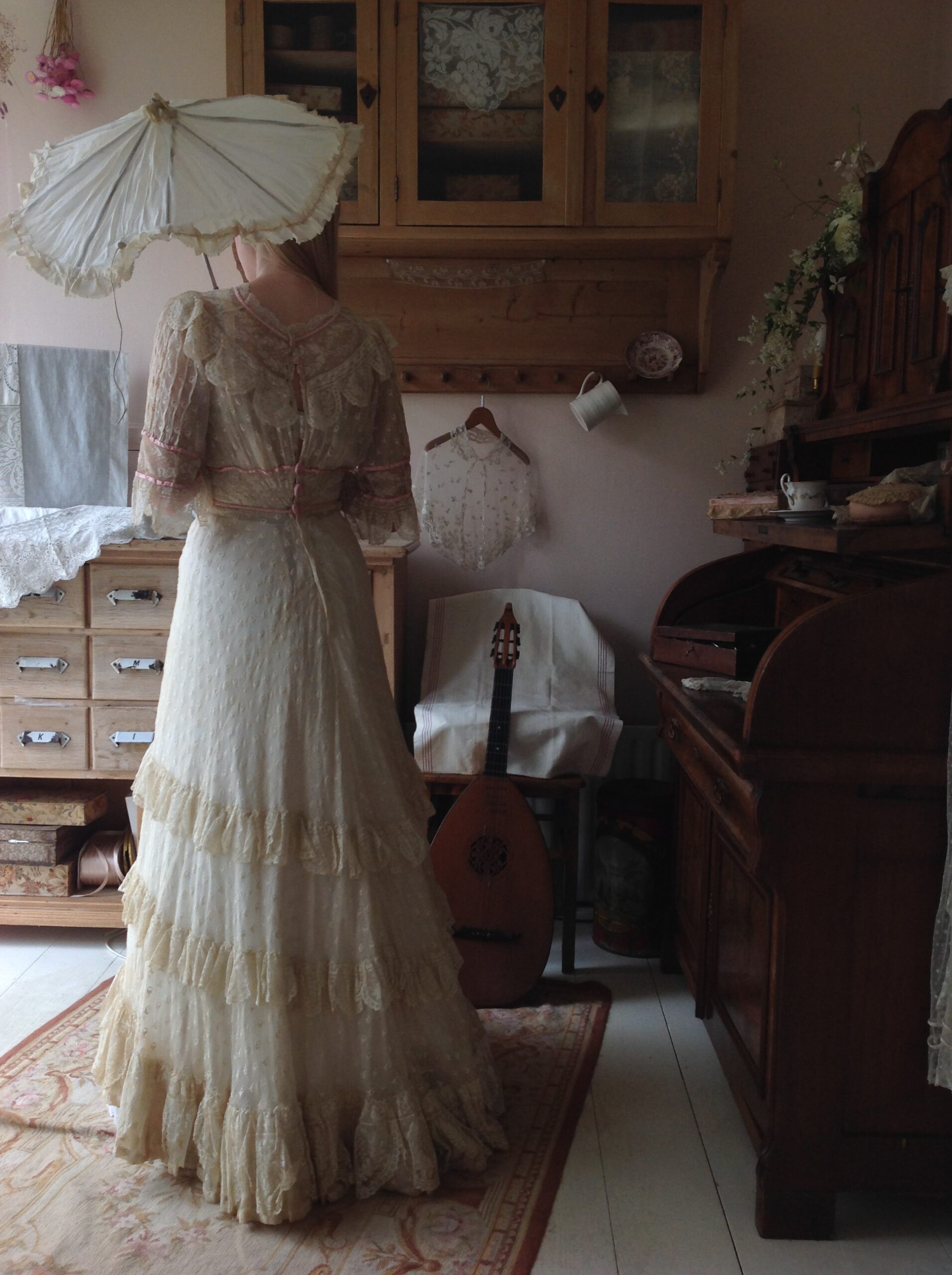 1890s Antique Wedding Dress with Pink Ribbons - Image 3