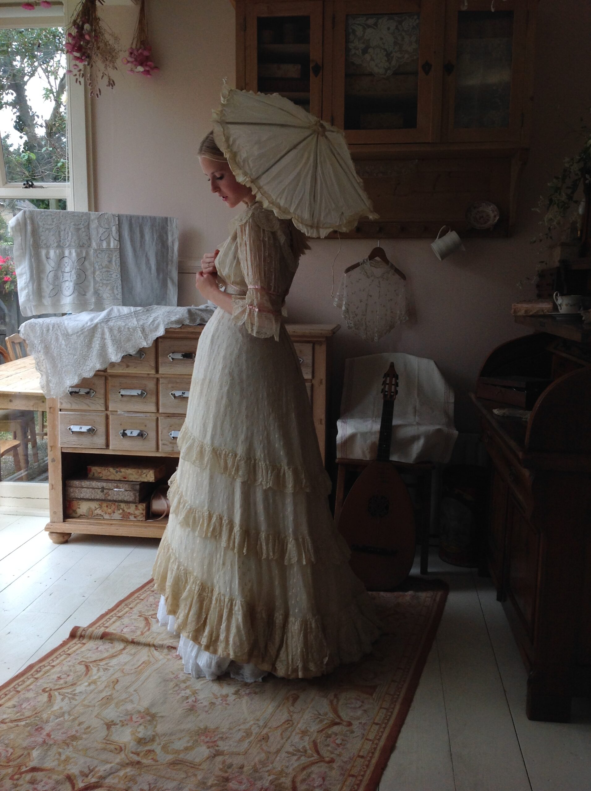 1890s Antique Wedding Dress with Pink Ribbons