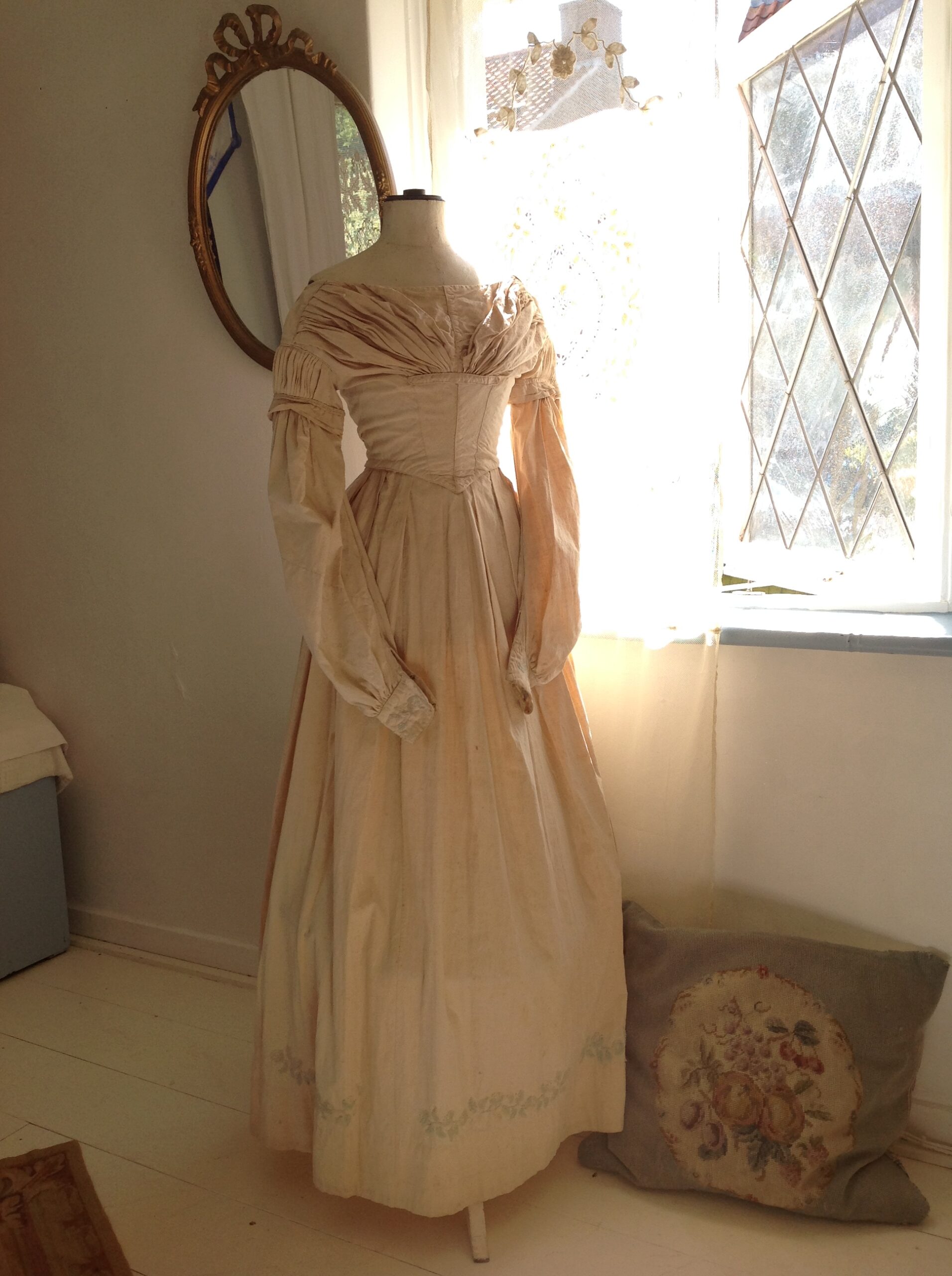 1800s Antique Linen Dress with Mint Blue Embroidery Work - Image 8