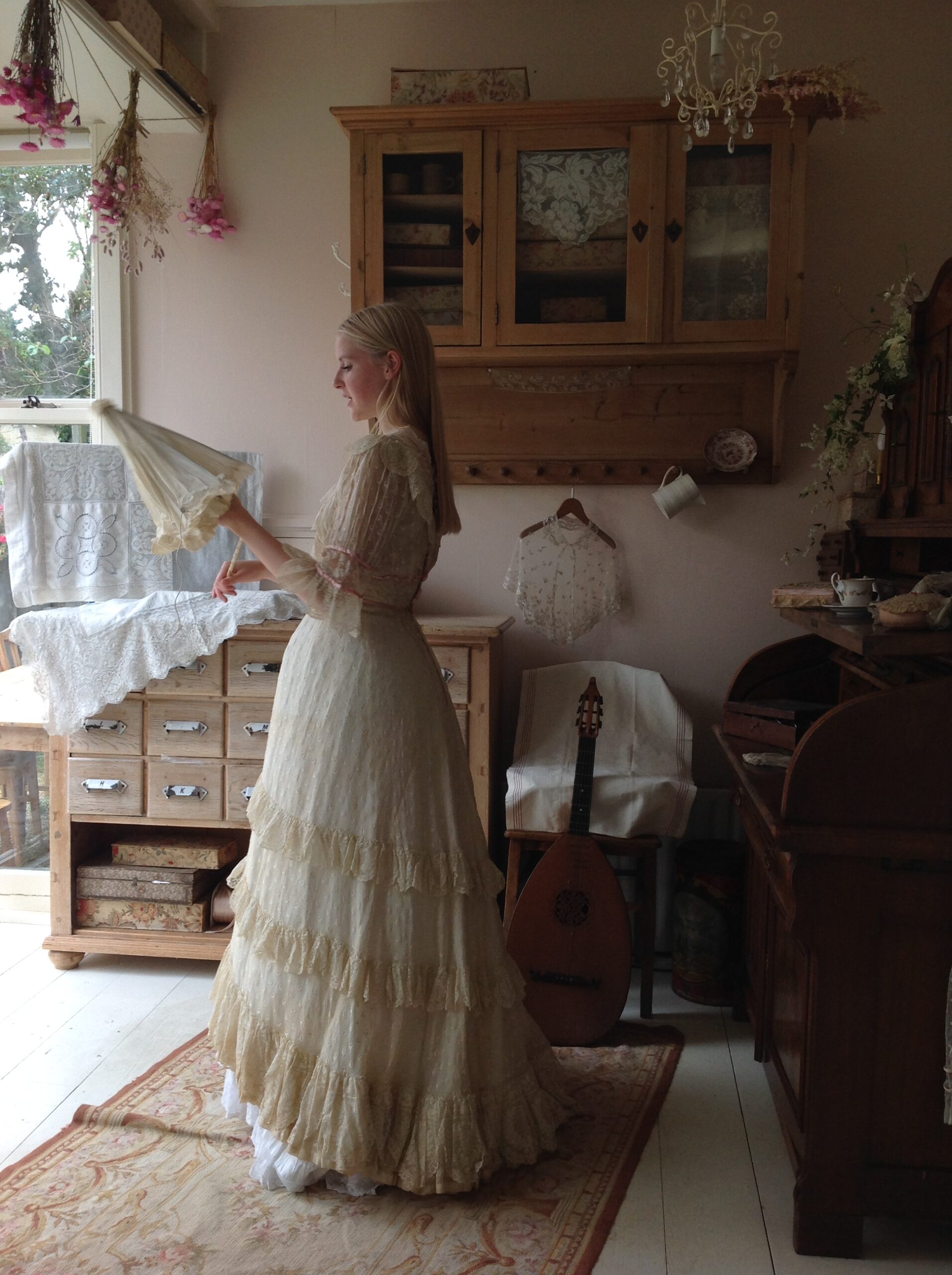 1890s Antique Wedding Dress with Pink Ribbons - Image 6