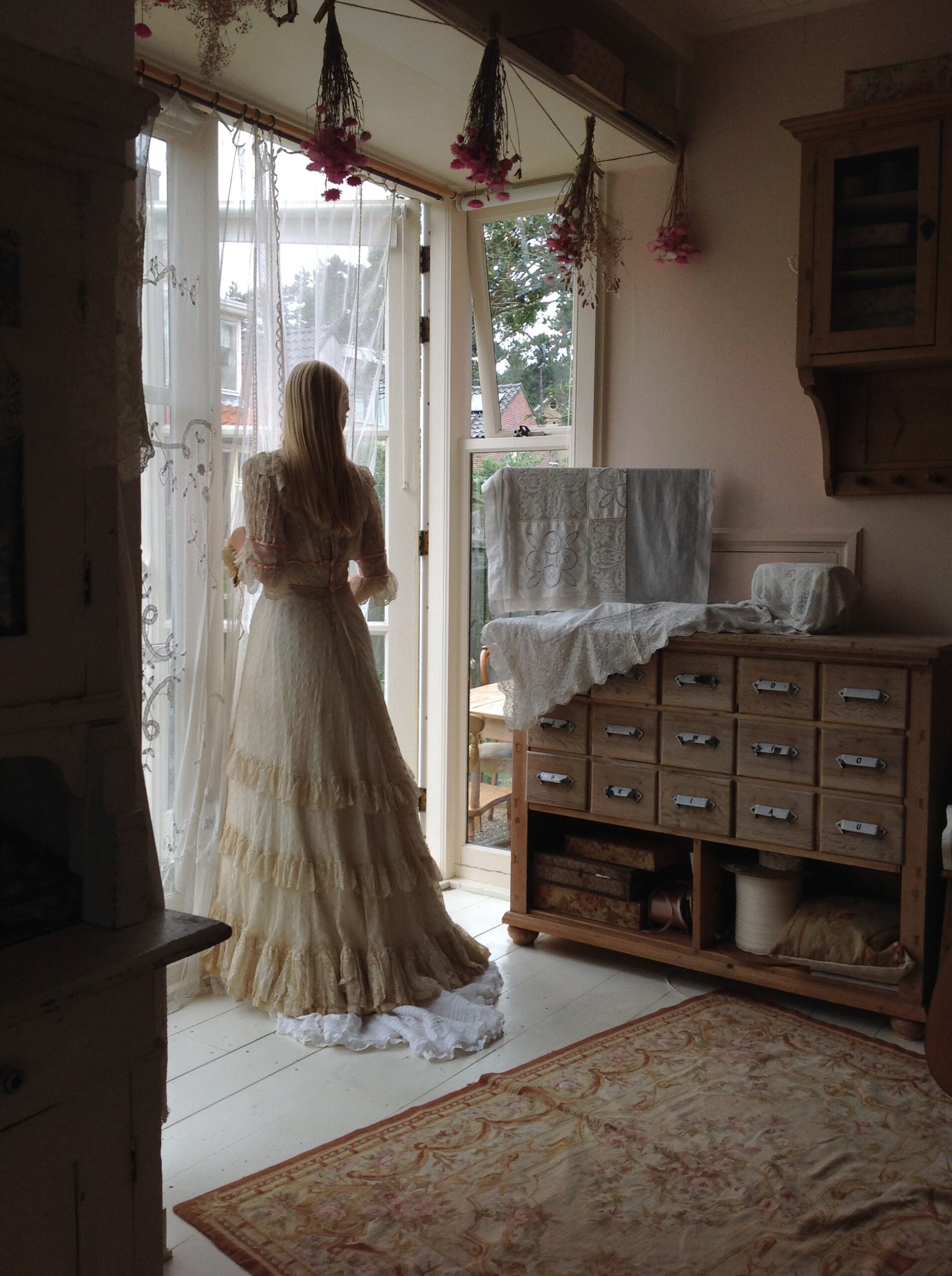 1890s Antique Wedding Dress with Pink Ribbons - Image 7