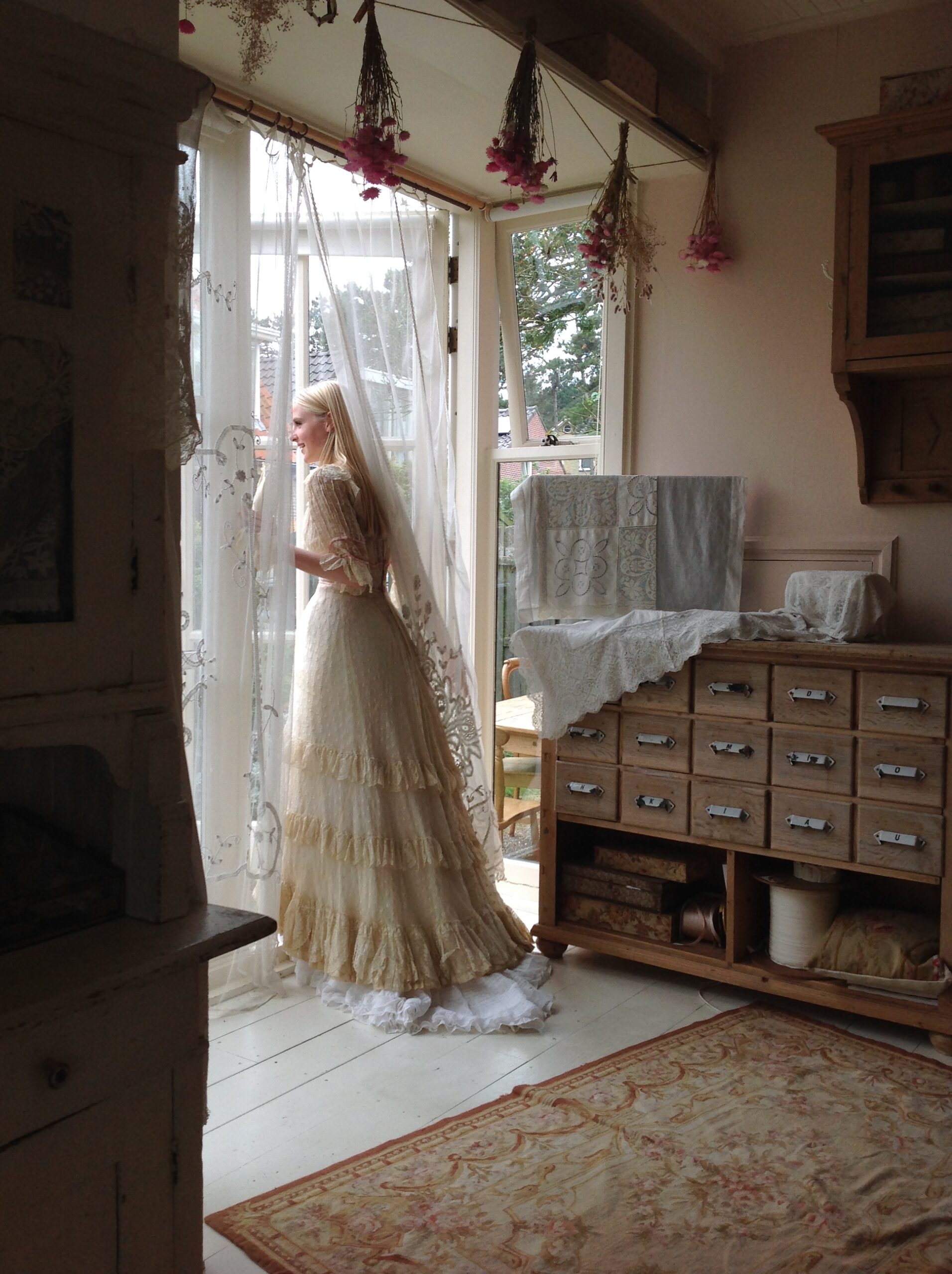 1890s Antique Wedding Dress with Pink Ribbons - Image 9