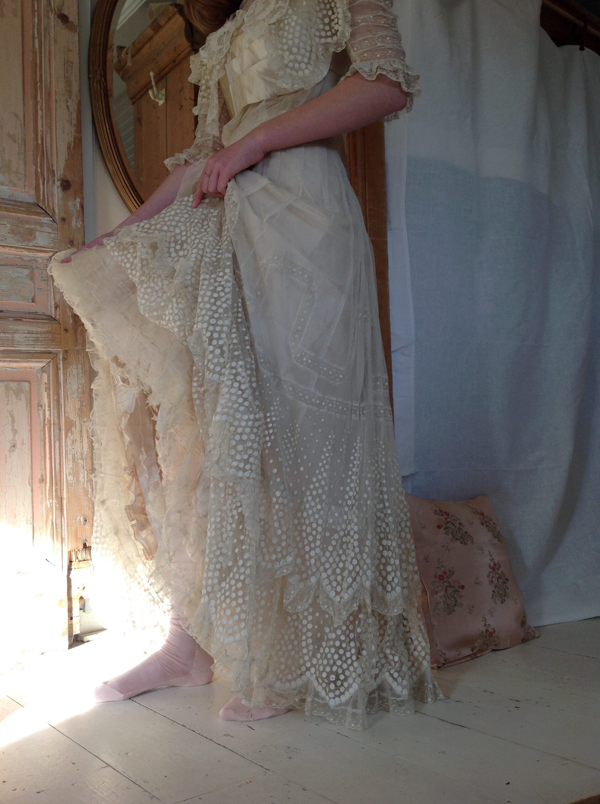 Amazing Silk and Tulle Lace Edwardian Wedding Gown - Image 6