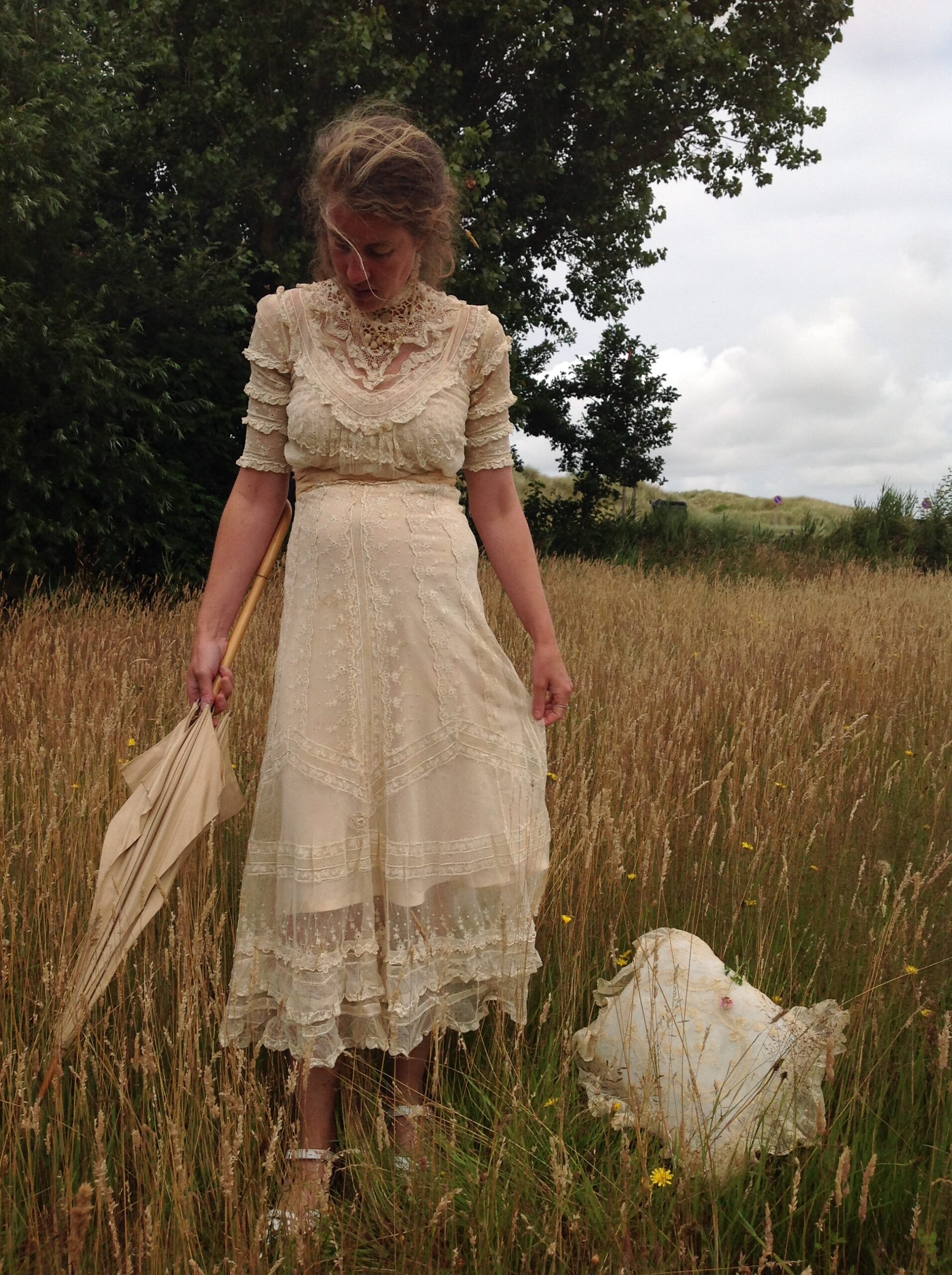 1890s Gold / Beige Tulle Lace Dress with Staining