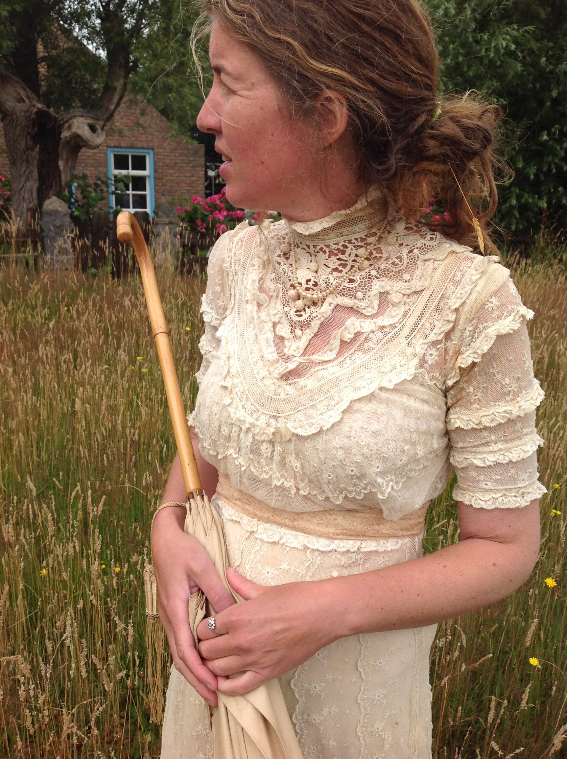 1890s Gold / Beige Tulle Lace Dress with Staining - Image 3