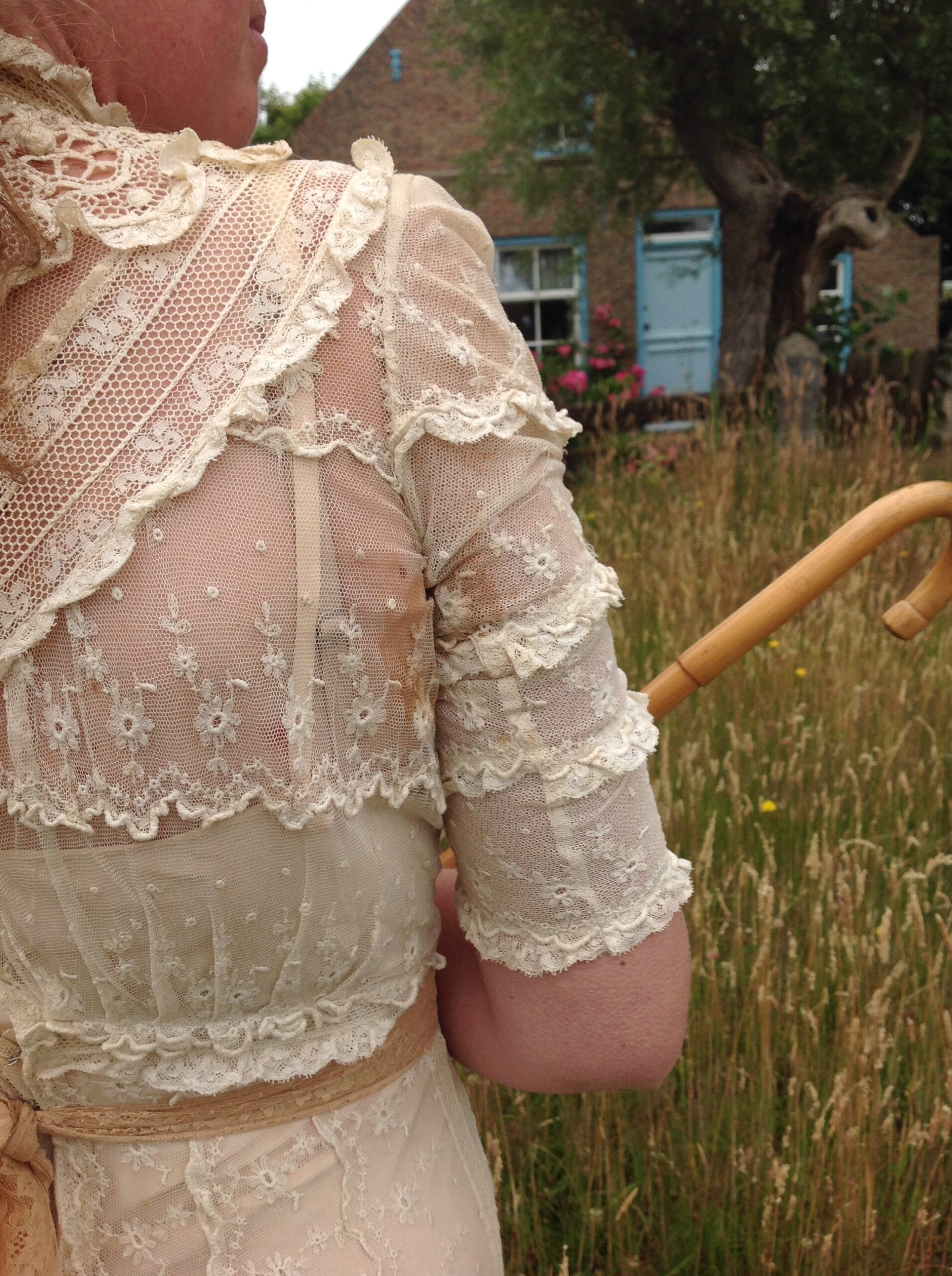 1890s Gold / Beige Tulle Lace Dress with Staining - Image 7