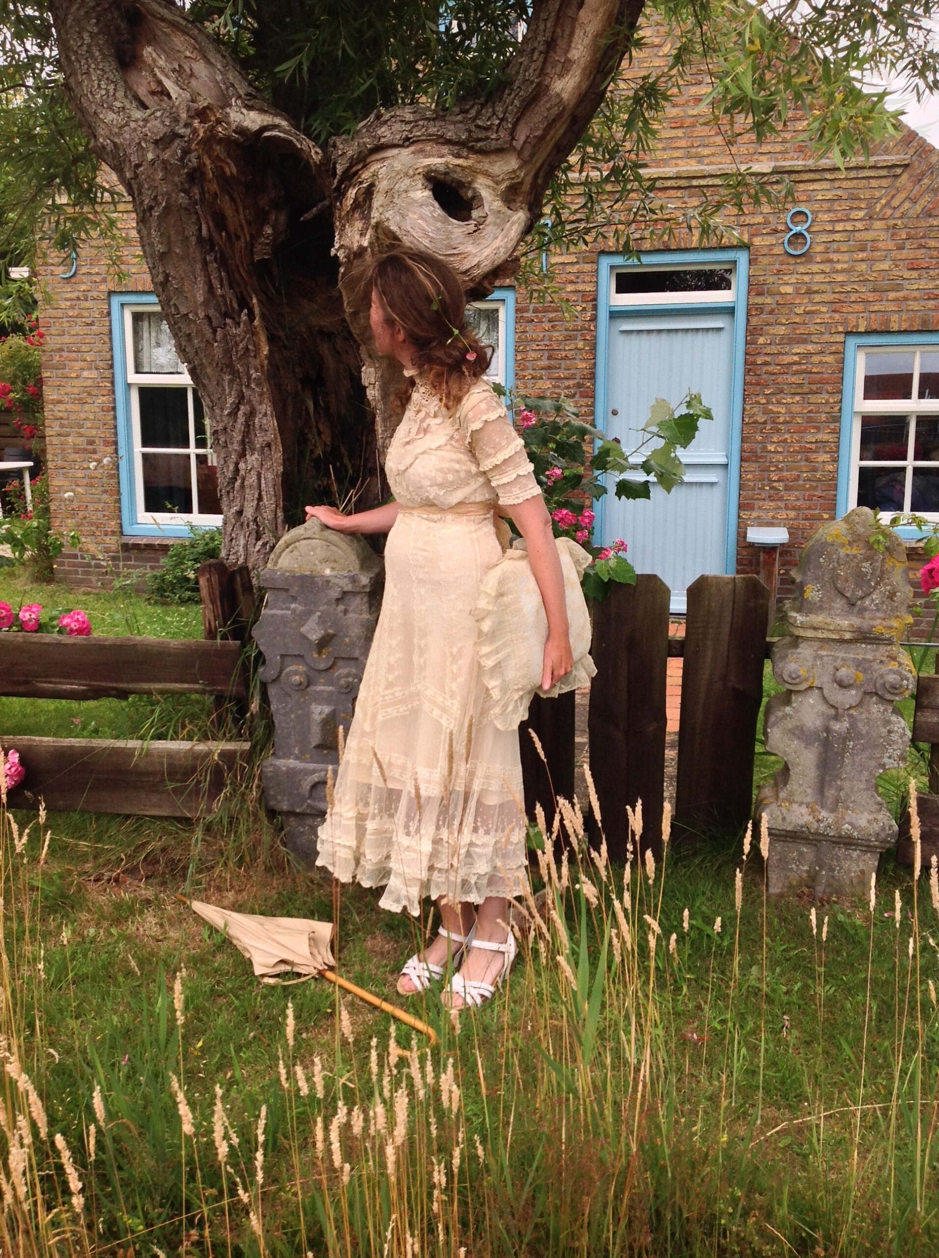 1890s Gold / Beige Tulle Lace Dress with Staining - Image 11